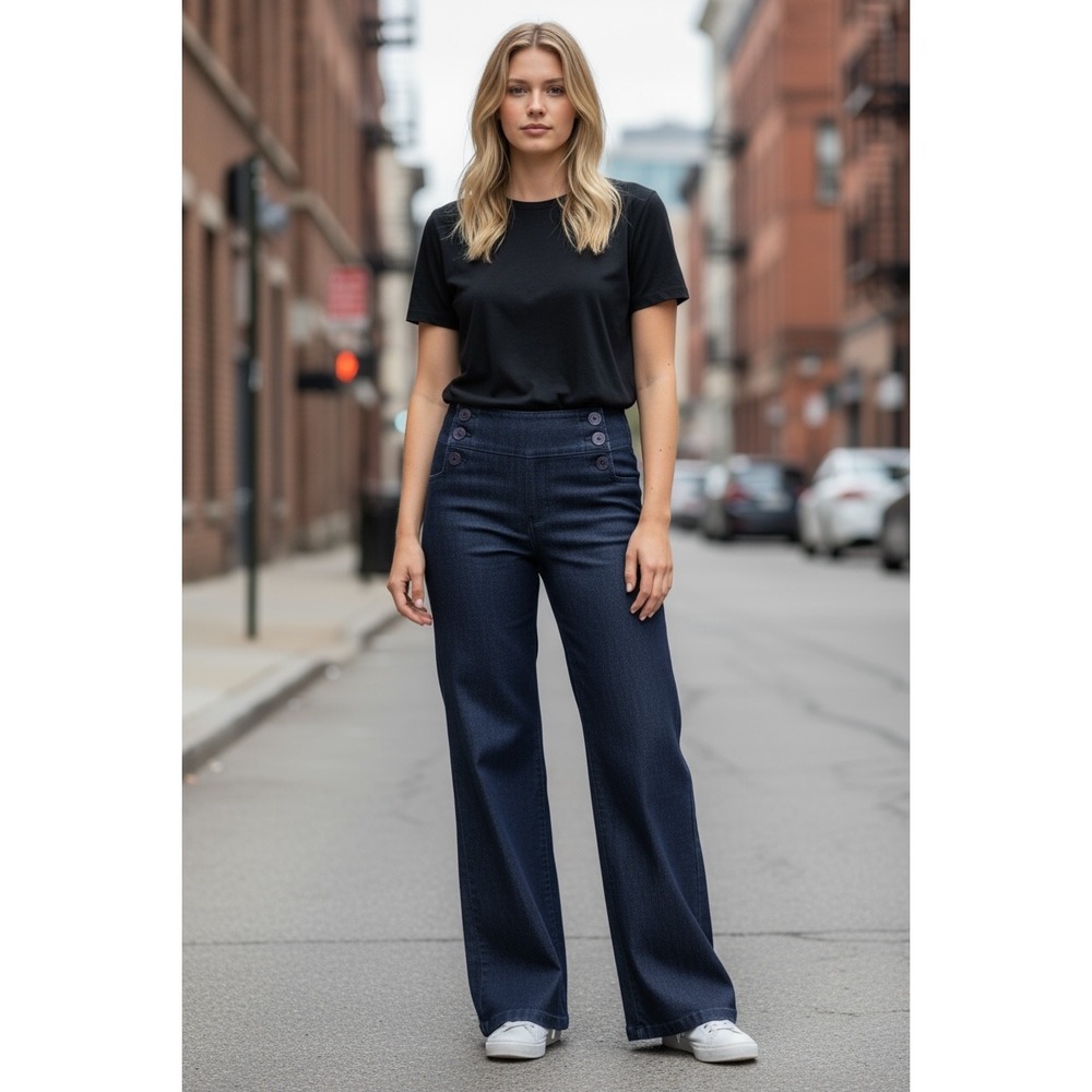 Kenneth Cole Wide Leg Sailor Jeans High Waist Button Front Dark Wash Denim Pants